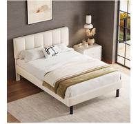 Lit adulte rembourré 140x190 cm. avec sommier à lattes et tête de lit. 4 pieds de support. sans matelas. beige