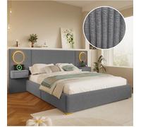 Lit adulte rembourré 180 x 200 cm SENVIRO en velours gris tête de lit LED USB et chevets sans matelas