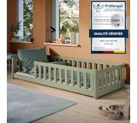 Lit d'enfant Lit de sol 90x190 cm Lit avec matelas, protection contre les chutes & sommier Montessori Lit à barreaux Enfants Lit d'adolescent Lit simple | Vert olive Pin massif Garçon Fille