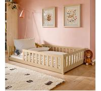 Lit au sol enfant 120x200 cm - Avec sommier + barrière de lit - Lit pour enfant Montessori - En pin massif - Aspect bois naturel