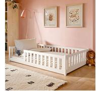 Lit au sol enfant 120x200 cm - Avec sommier + barrière de lit - Lit pour enfant Montessori - En pin massif - Blanc