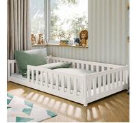 Lit d'enfant au sol 120 x 200 cm avec barrière de sécurité et sommier à lattes Lit Montessori Lit à barreaux Lit pour enfants et adolescents Lit simple | Coton