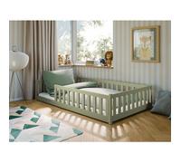 Lit au sol enfant 120x200 cm - Avec sommier + barrière de lit - Lit pour enfant Montessori - En pin massif - Vert Olive