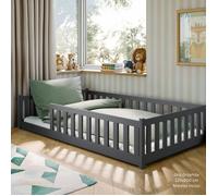 Lit au sol enfant 120x200 cm - Matelas INCLUS - Avec sommier + barrière de lit - Lit Montessori enfant - Pin massif - Gris foncé