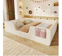 Lit Au Sol Enfant 140x190 Cm lit montessori lit double Avec Sommier À Lattes rangement et Barrières Amovibles Velours Beige