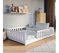 Lit au sol enfant 140x200 cm - Avec sommier + barrière de lit - Lit pour enfant Montessori - En pin massif - Blanc