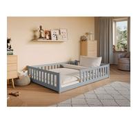 Lit au sol enfant 140x200 cm - Matelas INCLUS - Avec sommier + barrière de lit - Lit Montessori enfant - Pin massif - Gris