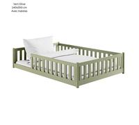 Lit d'enfant Lit de sol 140x200 cm avec matelas, protection contre les chutes & sommier Montessori Lit Lit à barreaux Enfants Lit d'adolescent Lit simple | Vert olive autres tailles 80x160 | 80x180 |