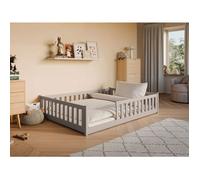 Lit au sol enfant 140x200 cm - Matelas INCLUS - Avec sommier + barrière de lit - Lit Montessori enfant - Pin massif - Cachemire