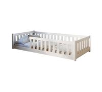 Lit au sol enfant 80x160 cm - Avec matelas + sommier + barrière de lit - Lit pour enfant Montessori - En pin massif - Blanc