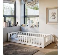 Lit d'enfant Lit de sol 80x160 cm Lit avec protection contre les chutes & sommier Montessori Lit Enfants Lit d'adolescent Lit simple | blanc bois garçon fille