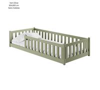 Lit au sol enfant 80x160 cm - Avec sommier + barrière de lit - Lit pour enfant Montessori - En pin massif - Vert Olive