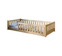 Lit au sol enfant 80x180 cm - Avec matelas + sommier + barrière de lit - Lit pour enfant Montessori - En pin massif - Naturel