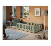 Lit au sol enfant 80x180 cm - Avec sommier + barrière de lit - Lit pour enfant Montessori - En pin massif - Vert Olive