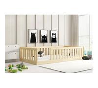 Lit au Sol Enfant 90x190 Bella - Naturel - en Bois Massif Pin avec Barrière de Sécurité Anti-chute et Sommier à Lattes - Montessori