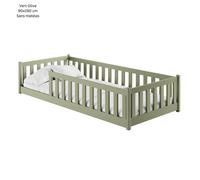 Lit d'enfant Lit de sol 90x190 cm Lit avec protection contre les chutes & sommier Montessori Lit Lit à barreaux Enfants Lit d'adolescent Lit simple | Vert olive Pin massif Garçon Fille