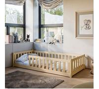 Lit d'enfant Lit de sol 90x190 cm Lit avec protection contre les chutes & sommier à lattes Montessori Lit Lit à barreaux Enfants Lit d'adolescent Lit simple | pin naturel bois massif garçon fille