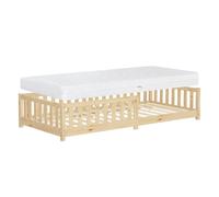 ML-Design Lit au Sol Enfant 90x200 cm Naturel avec Matelas H:16cm, Sommier à Lattes et Barrière Protection Anti-Chute, Cadre en Bois de Pin Massif, pour Garçons & Filles, Matériel de Montage Inclus