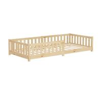 ML-Design Lit au Sol Enfant Simple 90x200 cm, en Bois de Pin Massif, avec Sommier à Lattes et Barrière Anti-Chute, Livré sans Matelas, Cadre Naturel pour Garçons & Filles, Matériel de Montage Inclus