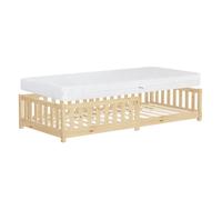 ML-Design Lit au Sol Enfant 90x200 cm Naturel avec Matelas H:16cm, Sommier à Lattes et Barrière Protection Anti-Chute, Cadre en Bois de Pin Massif, pour Garçons & Filles, Matériel de Montage Inclus