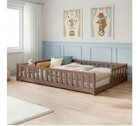 Lit d'enfant au sol avec barrières de sécurité et sommier à lattes Lit Montessori Lit à barreaux Lit pour enfants et adolescents Lit simple | 120 x 200 cm | Chocolat au lait