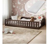 Lit d'enfant au sol avec barrières de sécurité, sommier à lattes et matelas | Lit Montessori | Lit à barreaux | Lit pour enfants et adolescents | Lit simple | 120 x 200 cm | Chocolat noir