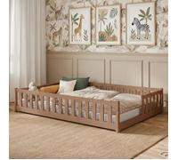 Lit d'enfant au sol avec barrières de sécurité et sommier à lattes Lit Montessori Lit à barreaux Lit pour enfants et adolescents Lit simple | 140 x 200 cm | Cannelle
