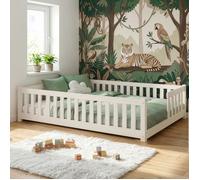 Lit au sol Montessori enfant 140x200 cm- Avec barrière anti-chute - Sommier à lattes - Bois massif - Lit simple - Coton