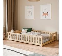 Lit au sol Montessori enfant 140x200 cm- Avec barrière anti-chute - Sommier à lattes - Bois massif - Lit simple - Nature