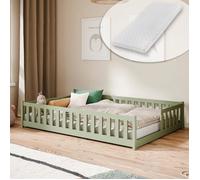 Lit d'enfant au sol avec barrières de sécurité, sommier à lattes et matelas | Lit Montessori | Lit à barreaux | Lit pour enfants et adolescents | Lit simple | 140 x 200 cm | Vert olive