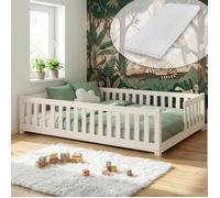 Lit d'enfant au sol avec barrière de sécurité, sommier à lattes et matelas | Lit Montessori | Lit à barreaux | Lit pour enfants et adolescents | Lit simple | 140 x 200 cm | Coton