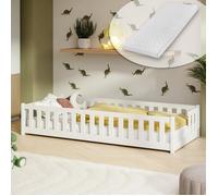 Lit au sol Montessori enfant 80x160 cm - Matelas inclus - Avec barrière anti-chute - Sommier à lattes - Bois massif - Blanc