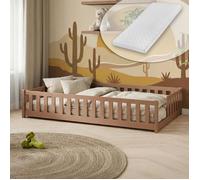 Lit au sol Montessori enfant 80x160 cm - Matelas inclus - Avec barrière anti-chute - Sommier à lattes - Bois massif - Canelle