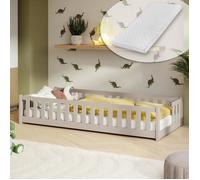Lit au sol Montessori enfant 80x160 cm - Matelas inclus - Avec barrière anti-chute - Sommier à lattes - Bois massif - Cachemire