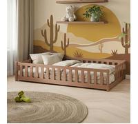 Lit d'enfant au sol avec barrières de sécurité et sommier à lattes Lit Montessori Lit à barreaux Lit pour enfants et adolescents Lit simple | 80 x 180 cm | Cannelle