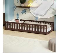 Lit d'enfant au sol avec barrières de sécurité, sommier à lattes et matelas | Lit Montessori | Lit à barreaux | Lit pour enfants et adolescents | Lit simple | 80 x 180 cm | Chocolat noir