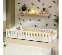 Lit d'enfant au sol avec barrières de sécurité et sommier à lattes Lit Montessori Lit à barreaux Lit pour enfants et adolescents Lit simple | 90 x 190 cm | Blanc