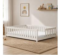 Lit d'enfant au sol avec barrière de sécurité et sommier à lattes Lit Montessori Lit à barreaux Lit pour enfants et adolescents Lit simple | 90 x 190 cm | Coton