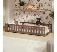 Lit d'enfant au sol avec barrières de sécurité et sommier à lattes Lit Montessori Lit à barreaux Lit pour enfants et adolescents Lit simple | 90 x 190 cm | Chocolat au lait