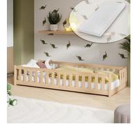 Lit d'enfant au sol avec barrières de sécurité, sommier à lattes et matelas | Lit Montessori | Lit à barreaux | Lit pour enfants et adolescents | Lit simple | 90 x 190 cm | Naturel