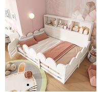 Lit au sol pour enfant 140x190cm,lit double avec barrière de sécurité et porte, lit cabane sommier à lattes et étagère bois blanc