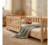 Lit au sol pour enfants 90 x 200 cm en pin massif, avec protection contre les chutes, lit Montessori naturel, pour garçons et fil
