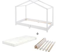 Lit au sol roba en bois massif - Ensemble avec sommier à lattes et matelas - 70 x 140 cm - Lit au sol selon le principe Montessori - Bois laqué blanc