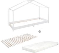 Lit au sol roba en bois massif - Ensemble avec sommier à lattes et matelas - 90 x 200 cm - Lit au sol selon le principe Montessori - Bois laqué blanc
