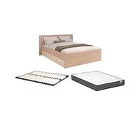 Lit avec 2 tiroirs 140 x 190 cm - coloris : Naturel et beige + Sommier + Matelas - VELONA