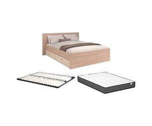 Lit avec 2 tiroirs 140 x 190 cm - coloris : Naturel et beige + Sommier + Matelas - VELONA