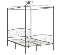 Lit avec baldaquin en métal gris, 140 x 200 cm, structure robuste avec barre pour rideaux ou moustiquaire, lattes en contreplaqué, hauteur de sommeil 28 cm, design élégant et minimaliste pour chambre