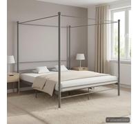 Lit avec baldaquin en métal revêtu par pulvérisation en gris, 180 x 200 cm, structure robuste avec cadre supérieur pour rideaux ou moustiquaire, design moderne et élégant, comprend un sommier à lattes