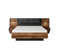 Lit avec chevet intégré 160x200 coffre de rangement et led châtaigne et noir - LONDON