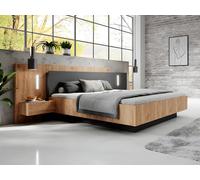 Vente-unique - Lit avec Tables de Chevet 140x190 cm - 2 tiroirs - avec LED - Couleurs : Naturel et Anthracite - FRANCOLI